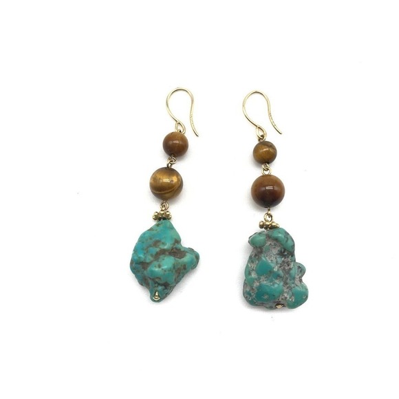 14k Yellow Gold Turquoise Tiger's Eye Dangle Earrings - Picture 7 of 7